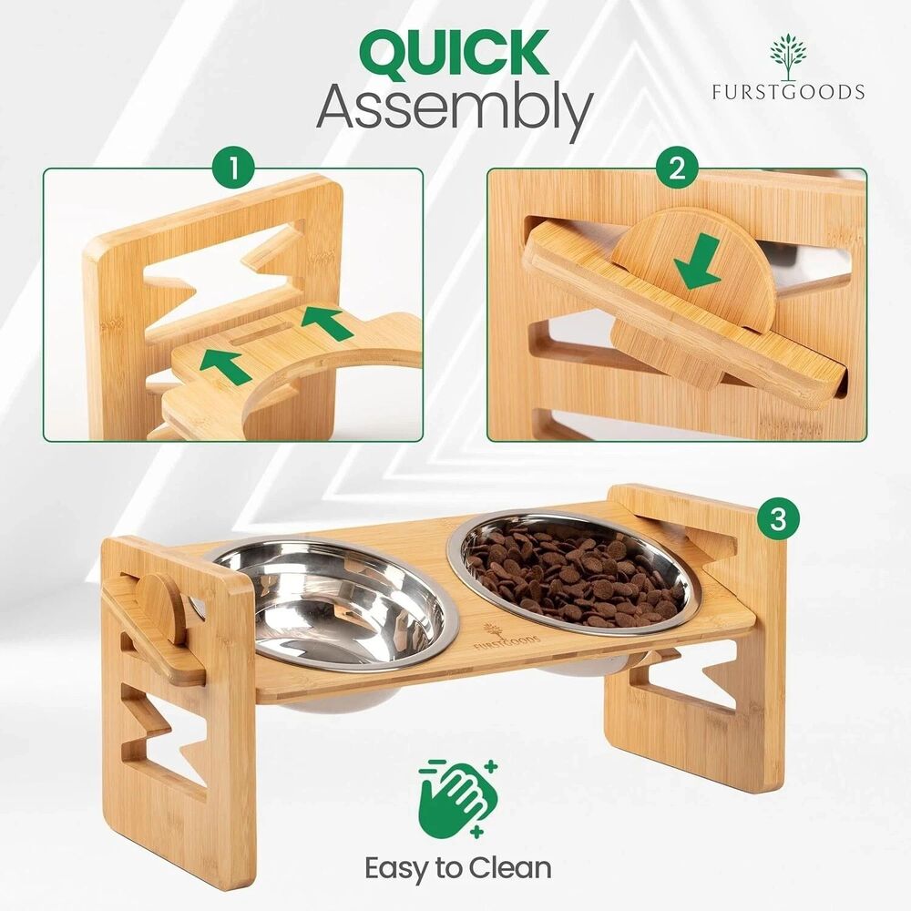 Bamboo Elevated Dog Bowl Stand with Stainless Steel Bowls - Picture 3 of 7